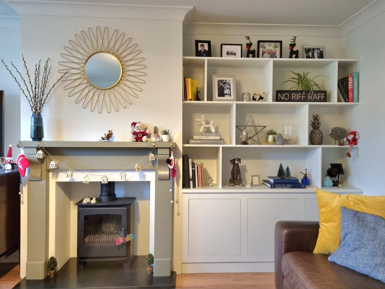 Bespoke media wall with false chimney breast and fitted storage, built by RGS Joinery and Building